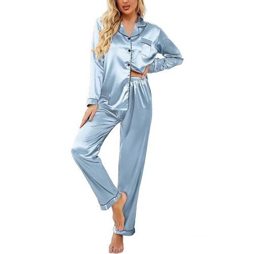 Hot And Sexy Dresses Classic Button Down Long Satin Silk Pajama