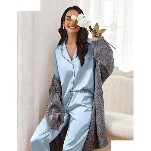Hot And Sexy Dresses Classic Button Down Long Satin Silk Pajama - Detail View