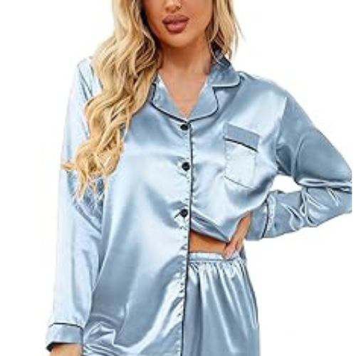 Hot And Sexy Dresses Classic Button Down Long Satin Silk Pajama - Back View