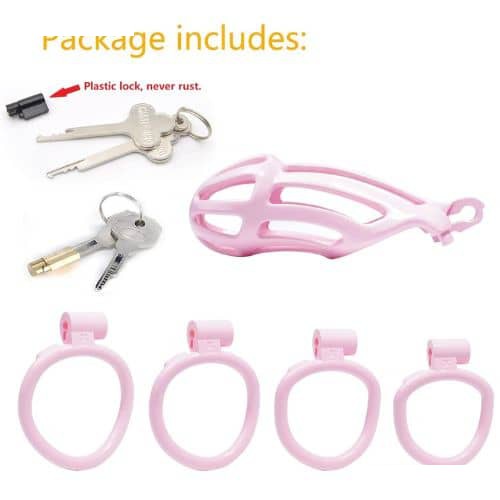 Male Chastity Cage with Lock & 4 Rings Nylon - Pink - Detail View
