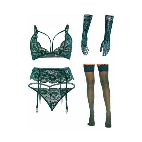 Women Lingerie with Stockings and Gloves or Eye-mask - Side View