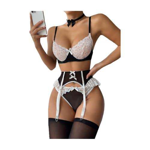 Women 6 Piece Set Sexy Lingerie Black & White