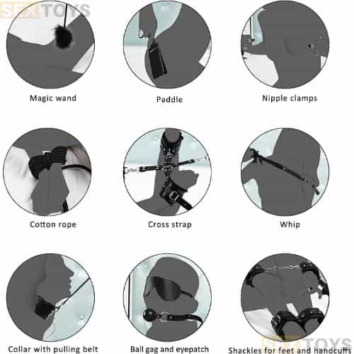 BE BDSM Starter Bdsm Kit 11 Pcs Leather Black - Detail View