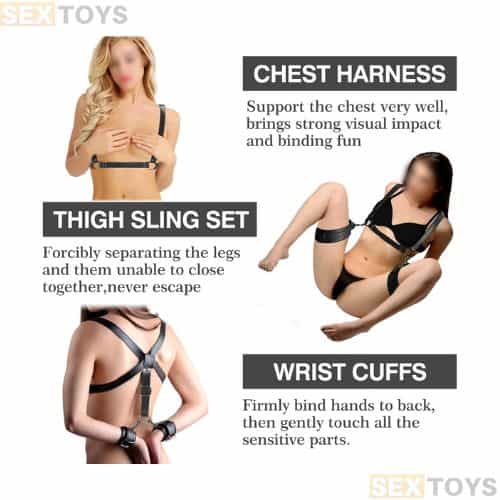 BDSM Sex Bondage Restraints Kit, 3 in 1 Leather - Side View