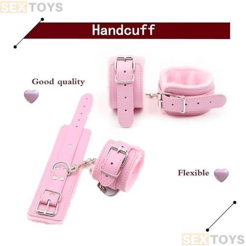 Handcuffs PU Eye Mask Blindfold Kit Pink - Side View